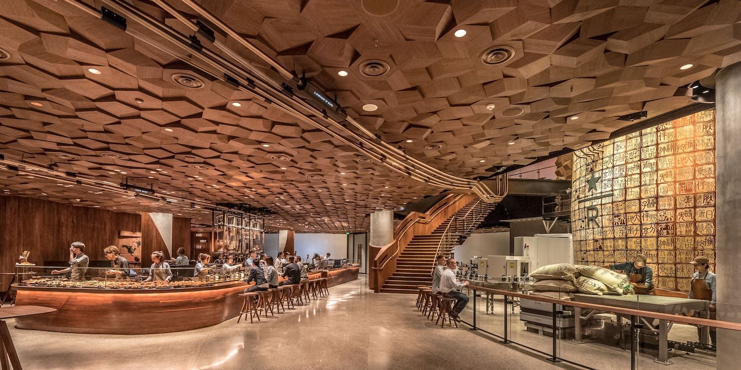 Starbucks Roastery in Shanghai - a ceiling made from 10,000 hexagon tiles